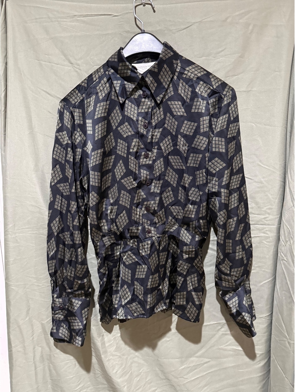 Jones New York Navy Geometric Long Sleeve Blouse